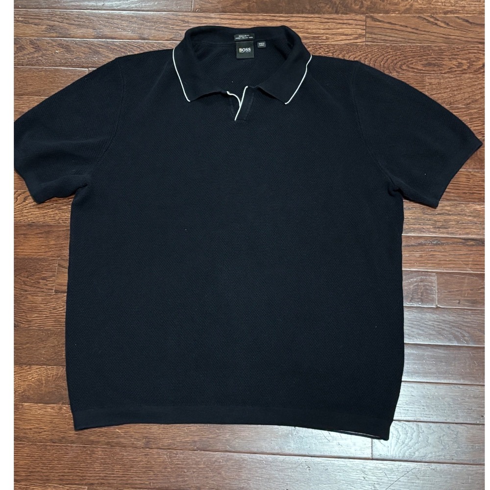 HUGO BOSS Navy Blue Italian Yarn Knit Polo Shirt Regular Fit Large